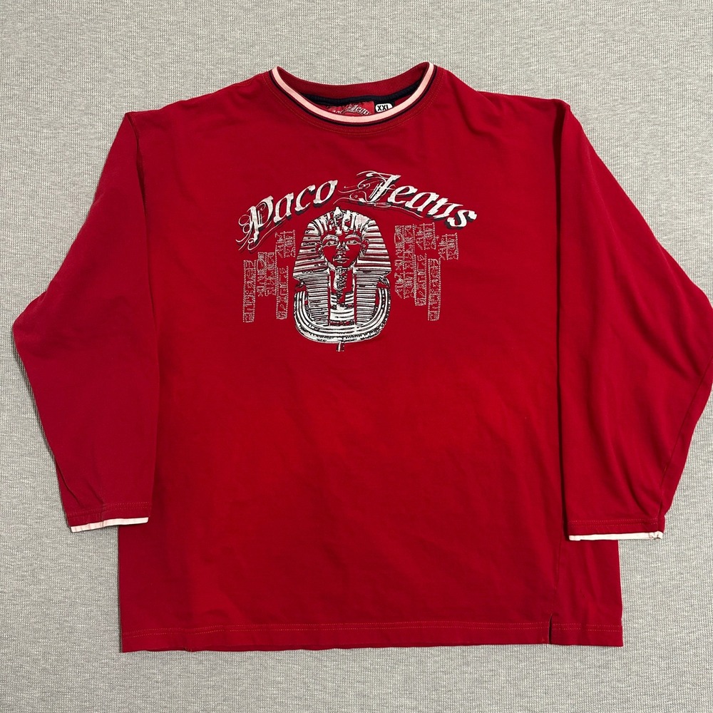 Vintage Paco Jeans King Tut Graphic Long Sleeve T-Shirt 90s Y2K Red Mens XXL